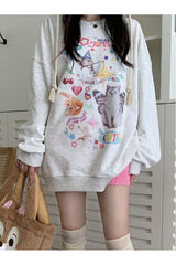 Fall Dreamcore Cat Print Long Sleeve Hoodie