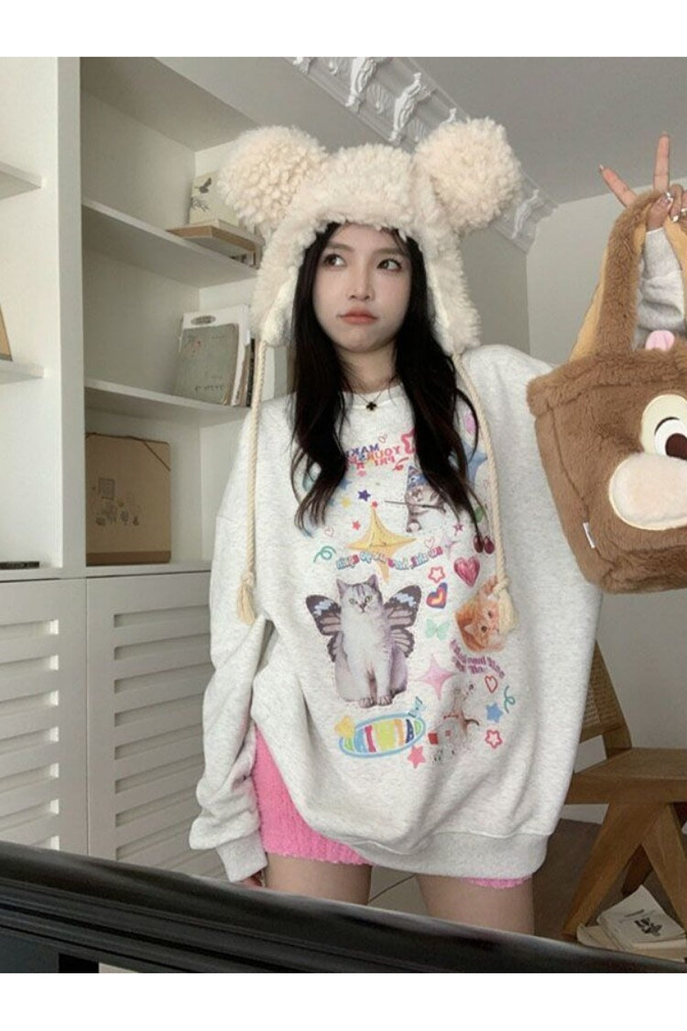 Fall Dreamcore Cat Print Long Sleeve Hoodie