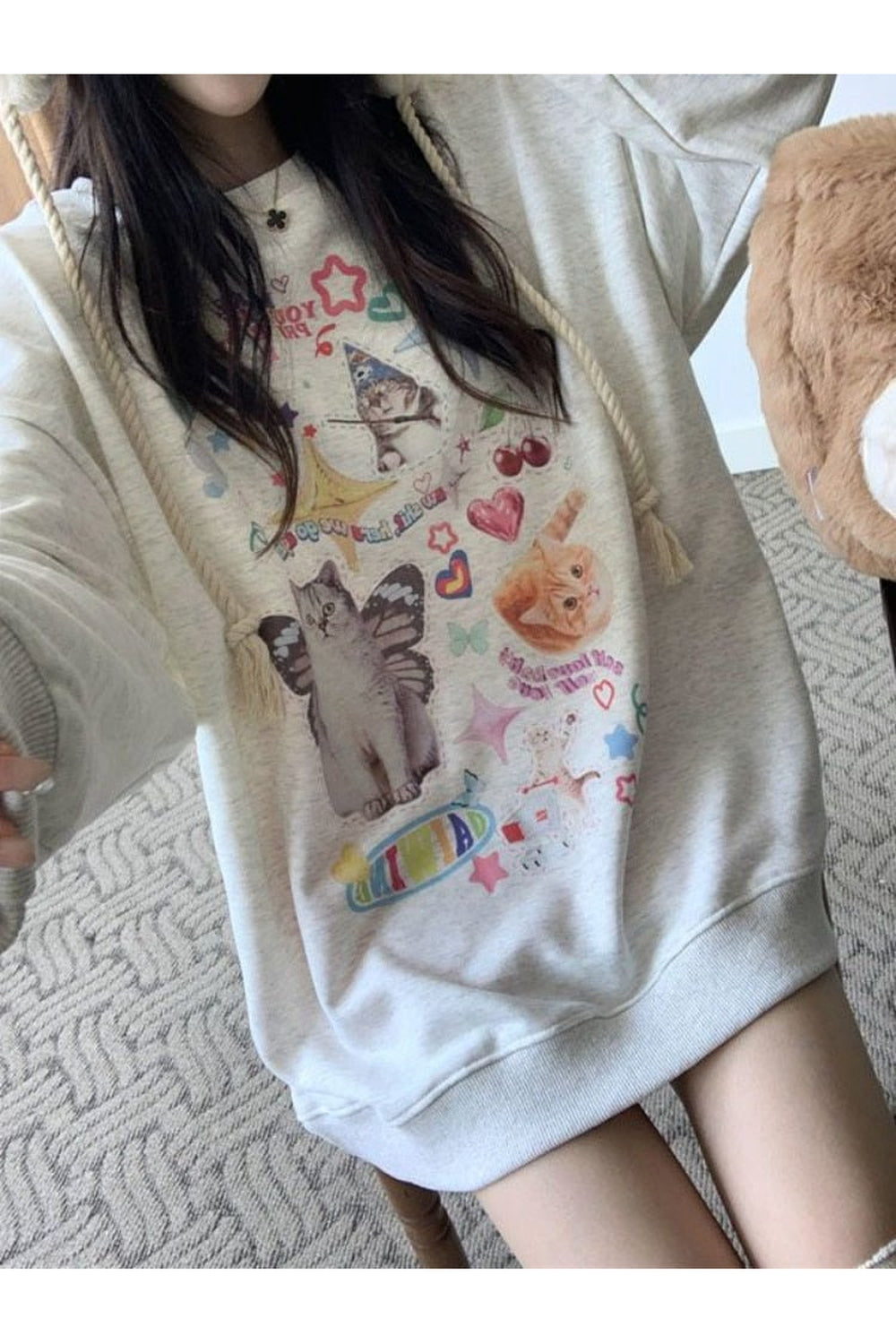 Fall Dreamcore Cat Print Long Sleeve Hoodie