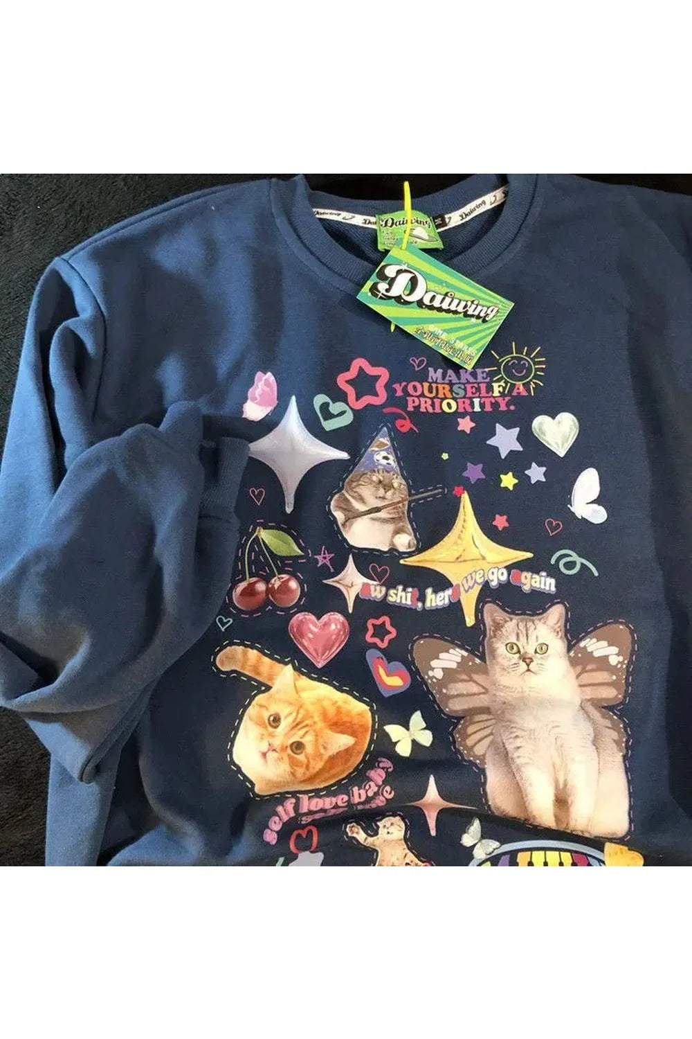 Fall Dreamcore Cat Print Long Sleeve Hoodie