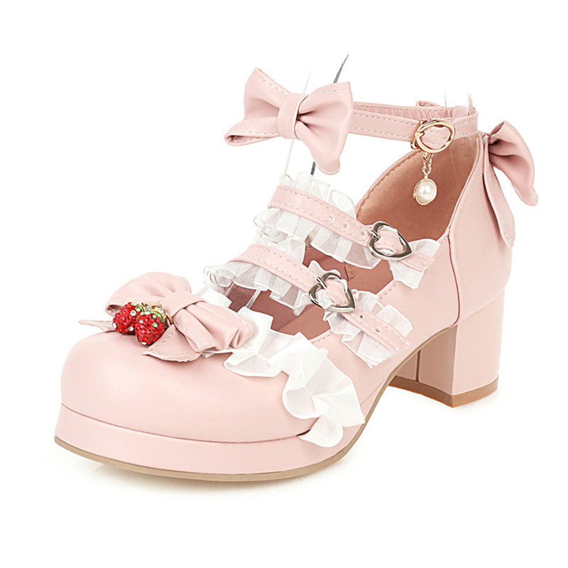 Lolita Bow Black/Beige/Pink Leather Shoes