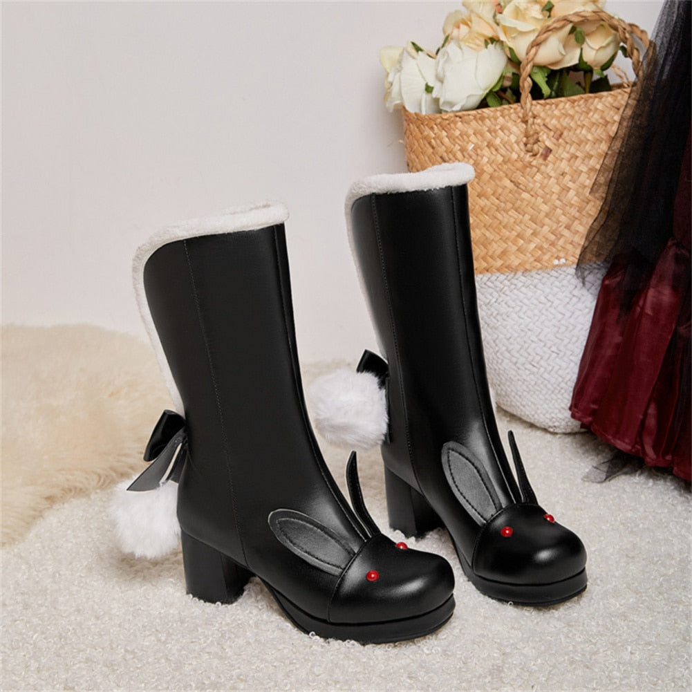 Black/Pink/White Cute Rabbit Ears Sweet Snowball Mid Calf Platform Boots