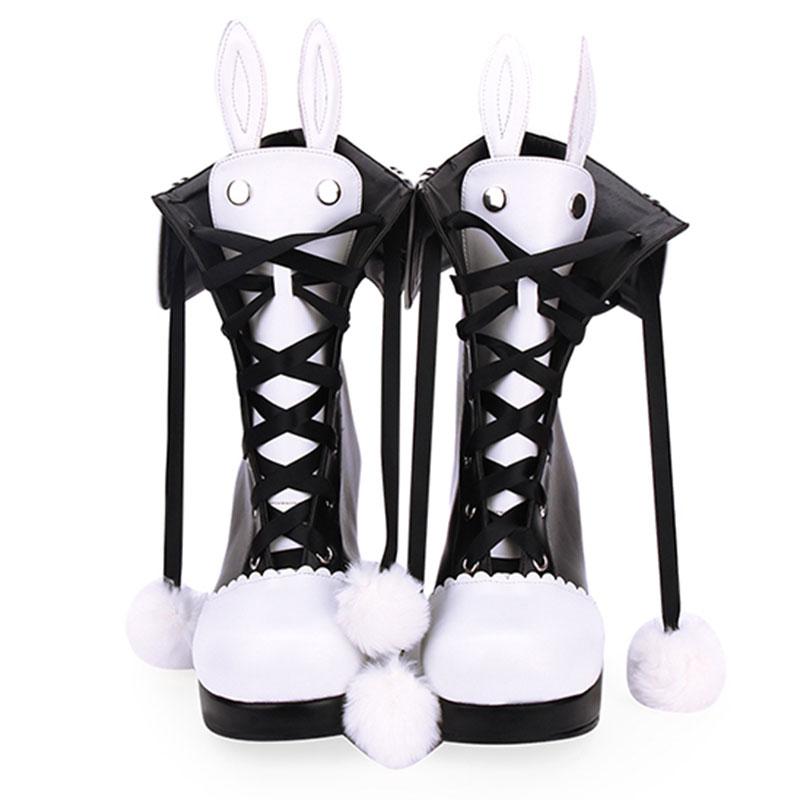 Kawaii Bunny Ears Lace-up Fuzzy Ball Collar High Heel Lolita Boots