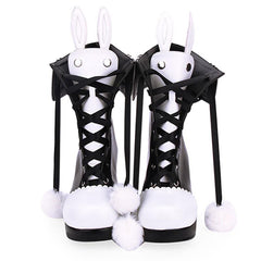 Kawaii Bunny Ears Lace-up Fuzzy Ball Collar High Heel Lolita Boots