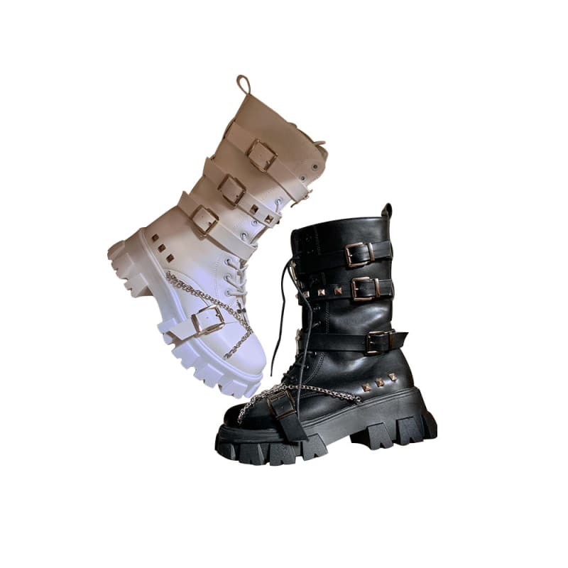 Black White Punk Cross Chains Boots ON175