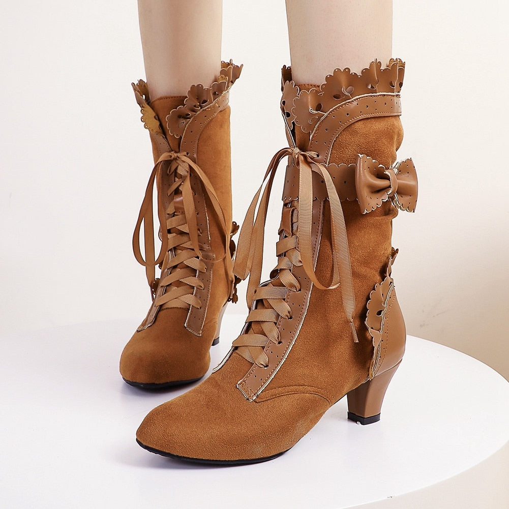 5 Colors Big Size Sweet Bowknot Ruffle Calf Mid Heels Boots