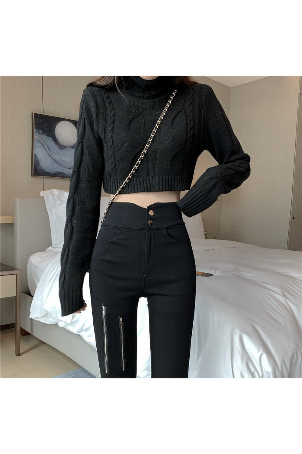 Elastic Zipper Black Pants