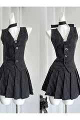 Elegant Pinstripe Lace-Up Skirt Set