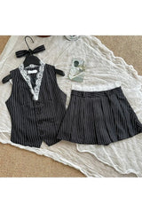 Elegant Pinstripe Lace-Up Skirt Set