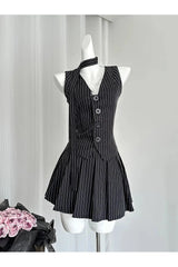 Elegant Pinstripe Lace-Up Skirt Set