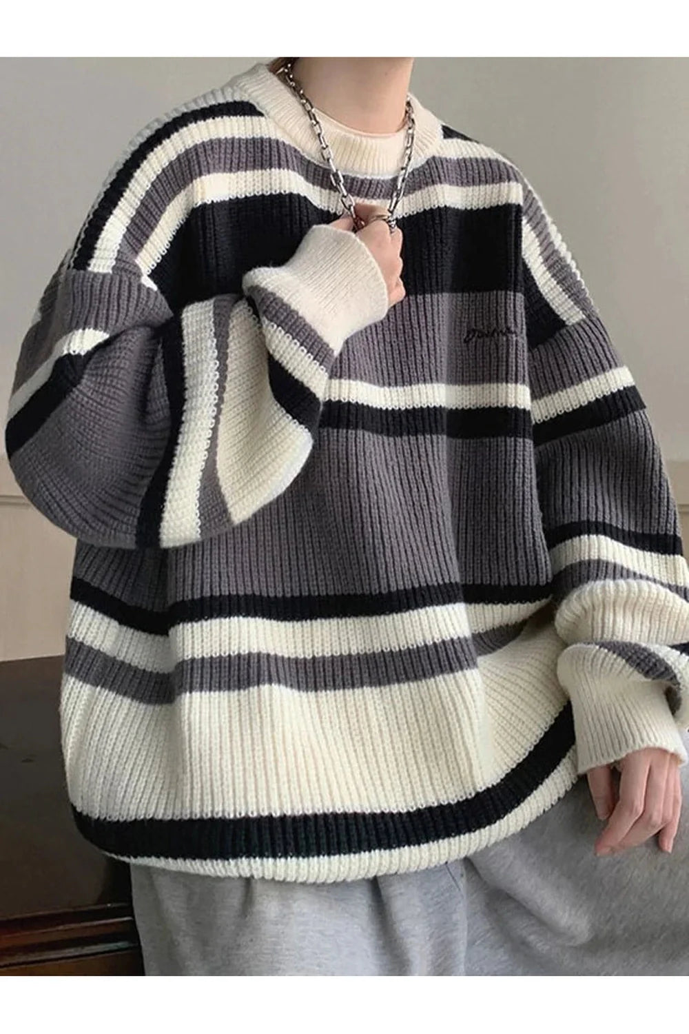 Fall Embroidered Striped Winter Sweater