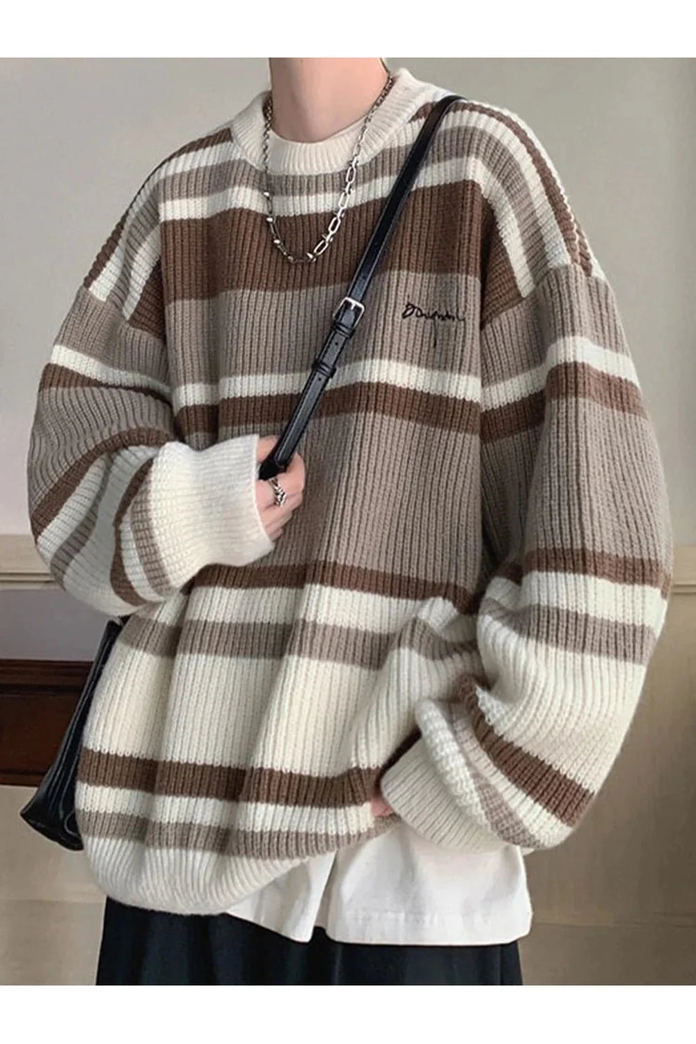 Fall Embroidered Striped Winter Sweater