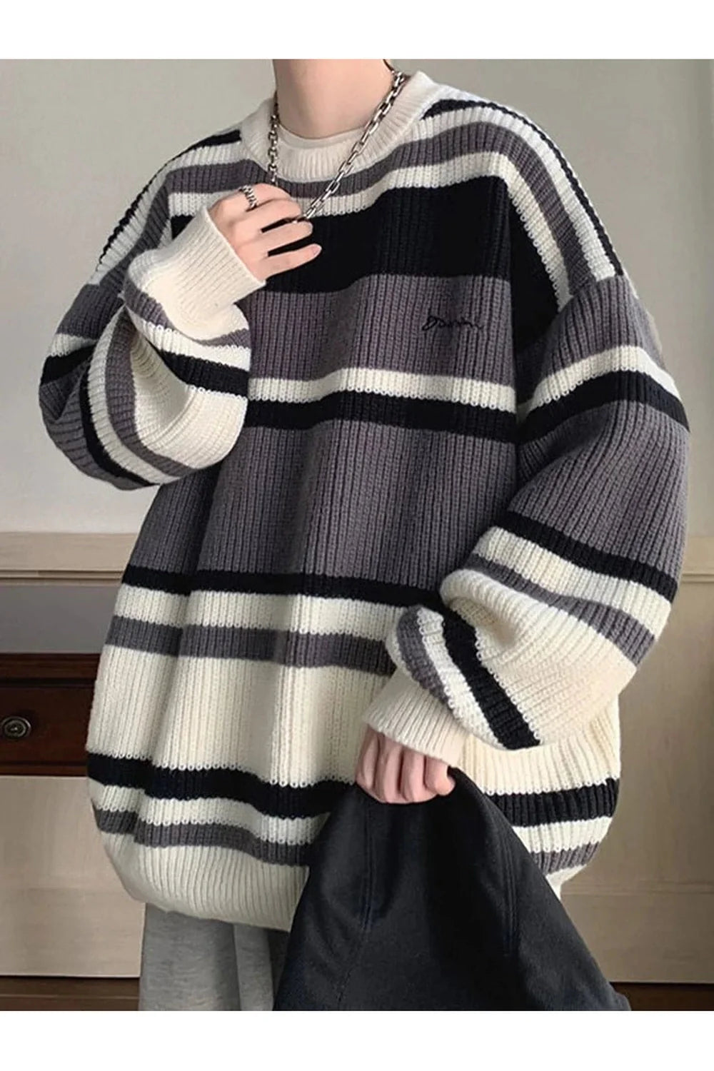 Fall Embroidered Striped Winter Sweater