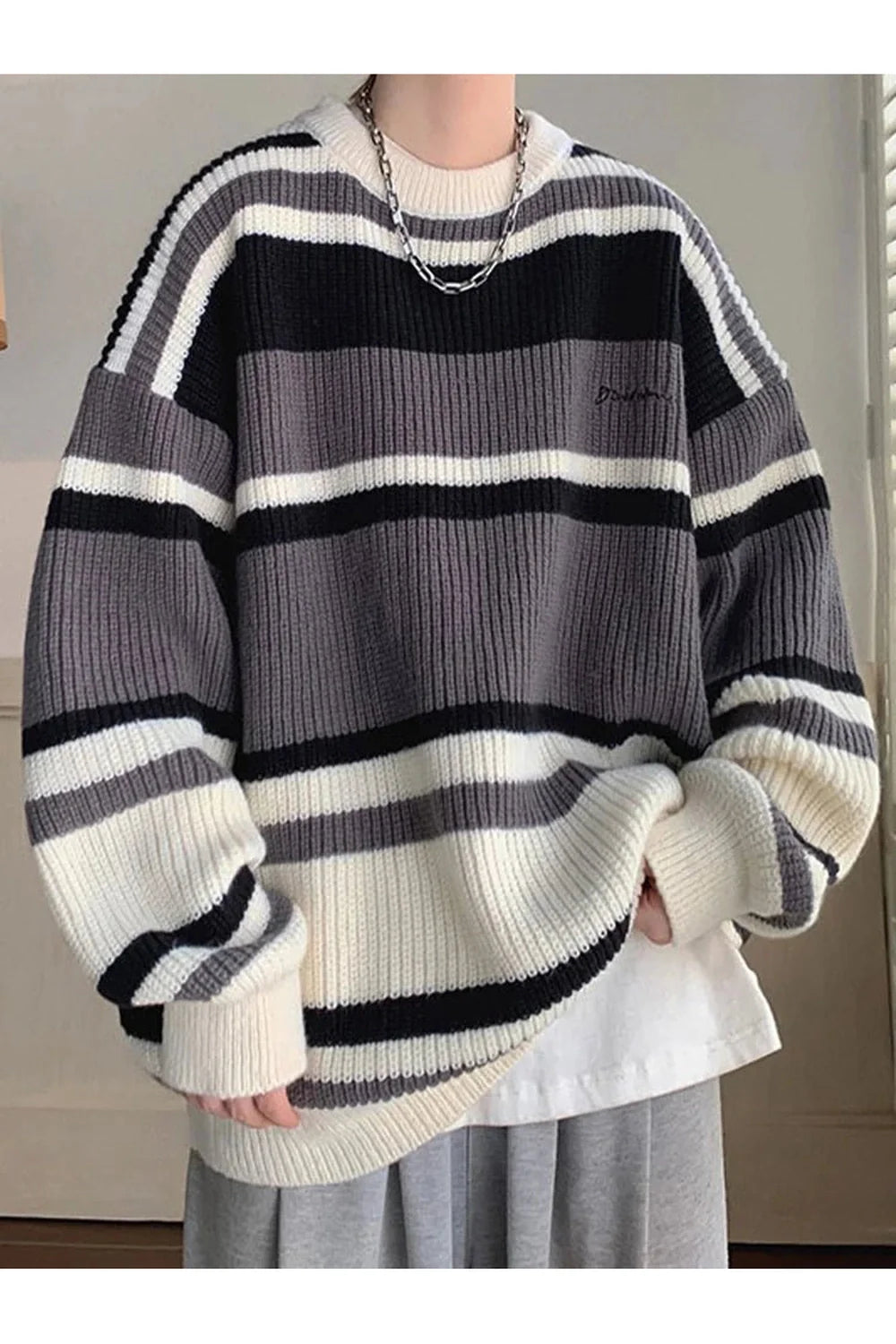 Fall Embroidered Striped Winter Sweater