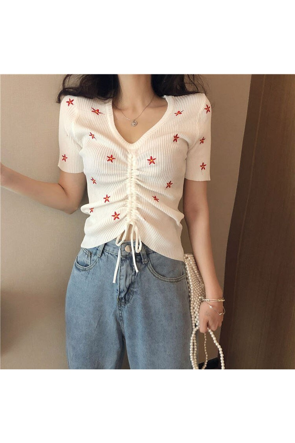 Embroidery Lace Up Summer Crop Top