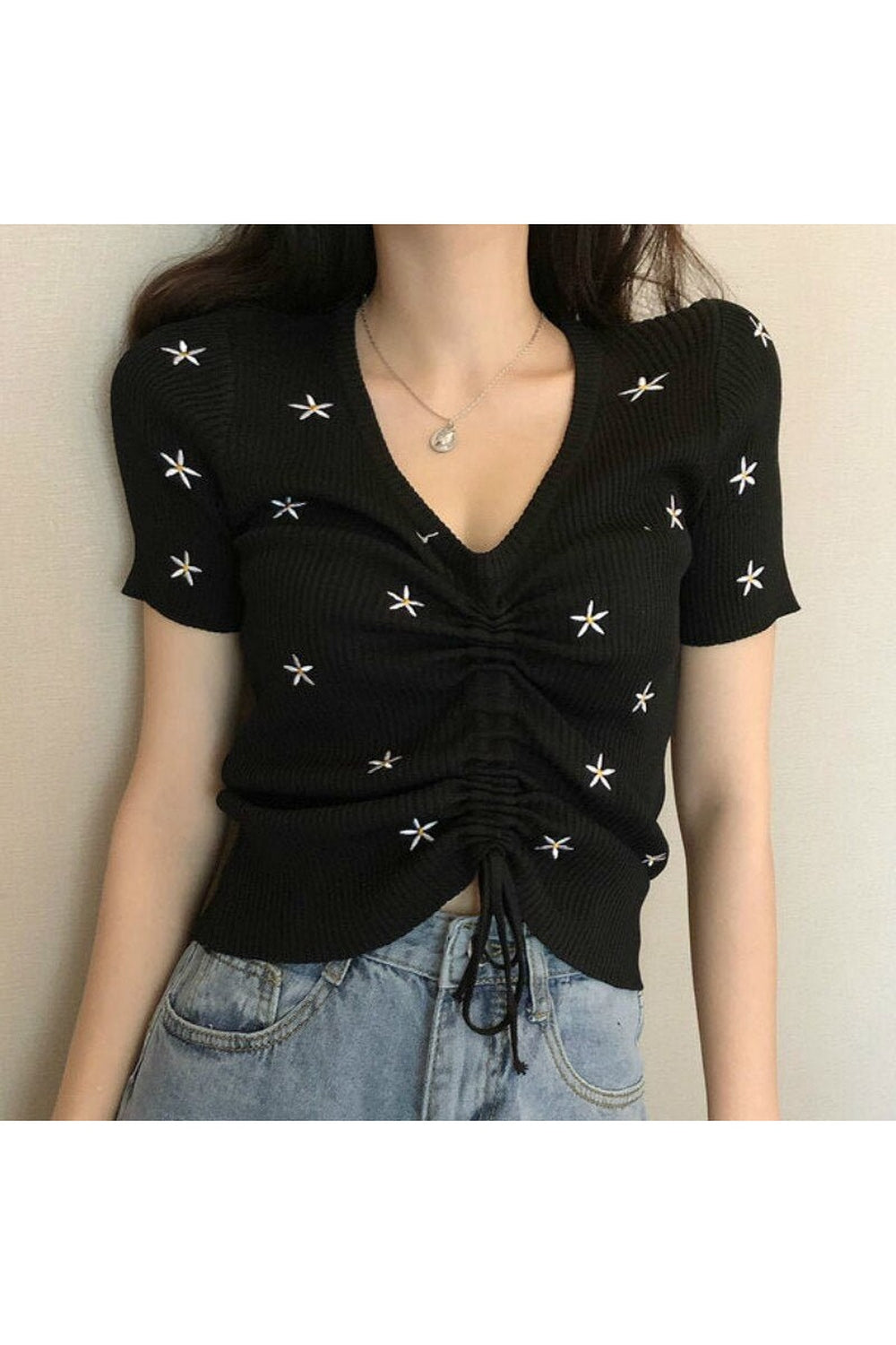 Embroidery Lace Up Summer Crop Top