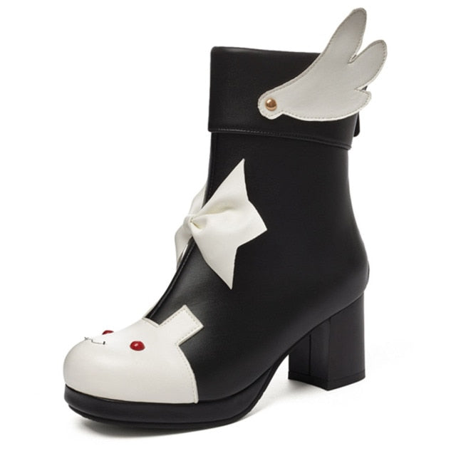 Pink/Black/White Plus Size Cute Rabbit Bowknot Wing Platform High Heels Boots BE510