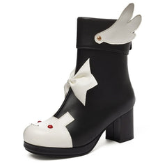 Pink/Black/White Plus Size Cute Rabbit Bowknot Wing Platform High Heels Boots BE510