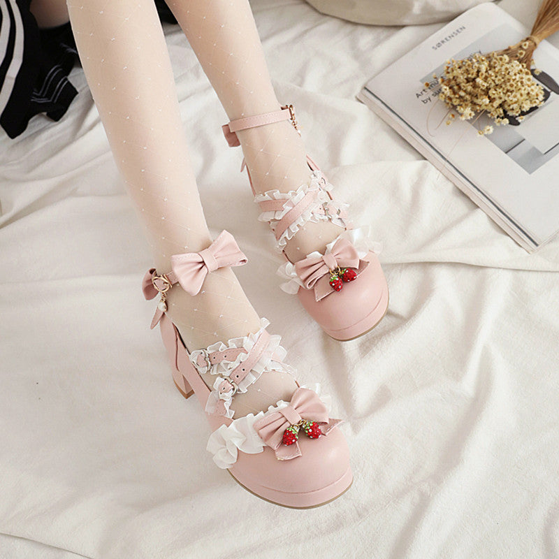 Lolita Bow Black/Beige/Pink Leather Shoes