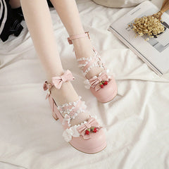 Lolita Bow Black/Beige/Pink Leather Shoes