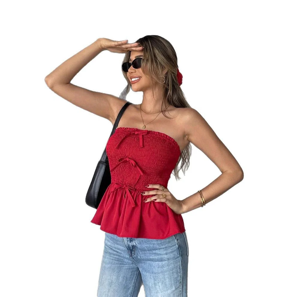 Ruffled Ruffle Bow Cropped Red Top
