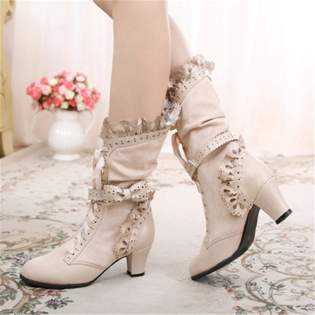 5 Colors Big Size Sweet Bowknot Ruffle Calf Mid Heels Boots