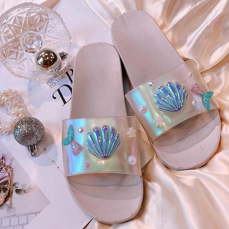 Black/Silver Hologram Mermaid Scallop Slippers