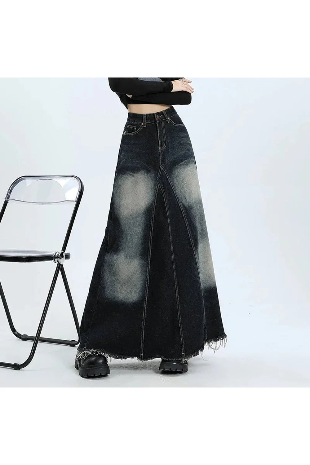 Faded Black Maxi Denim Skirt