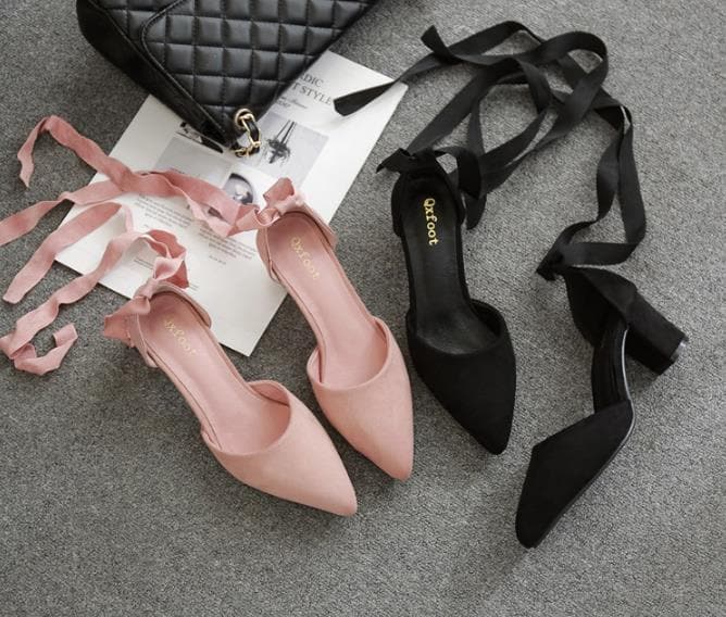 Black/Pink Elegant Ribbon Bow Heel Shoes