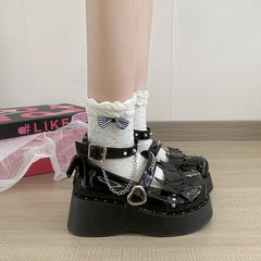 Platform Heart Bow Studded Ankle Strap Patent Leather Mary Jane Shoes