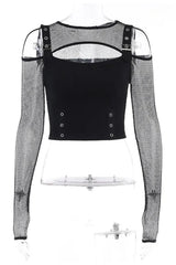 Fishnet Patchwork Buckle Crop Top