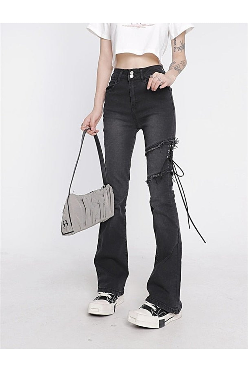 Flare Jeans Black Lacing High Waist