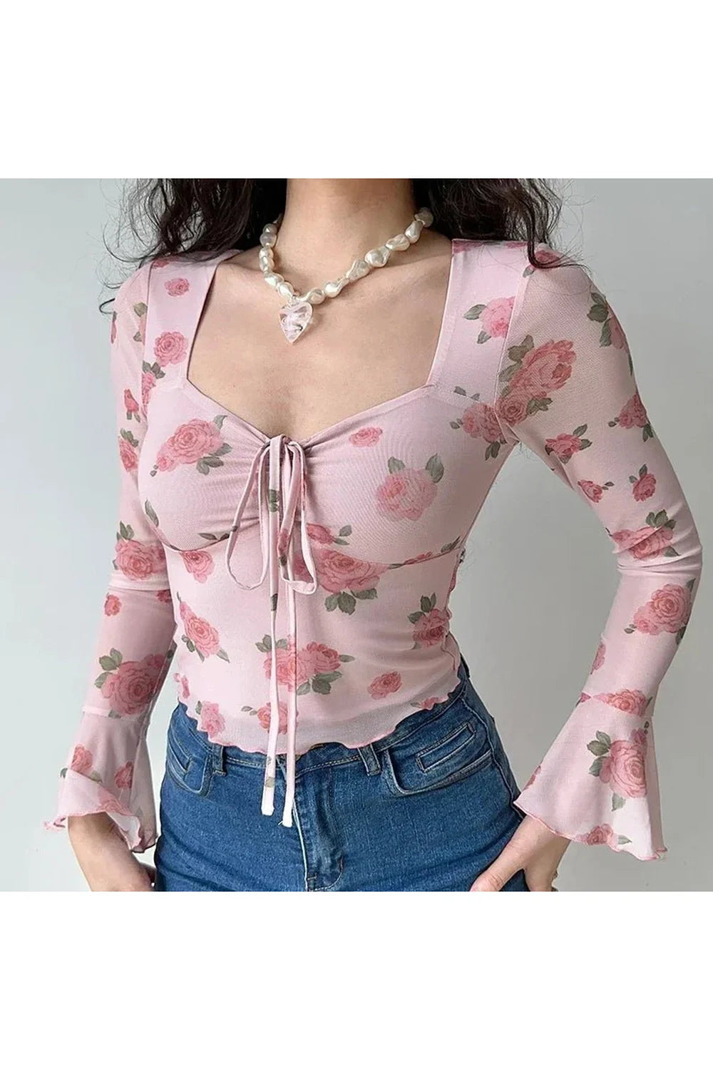 Floral Bell Sleeve Crop Top