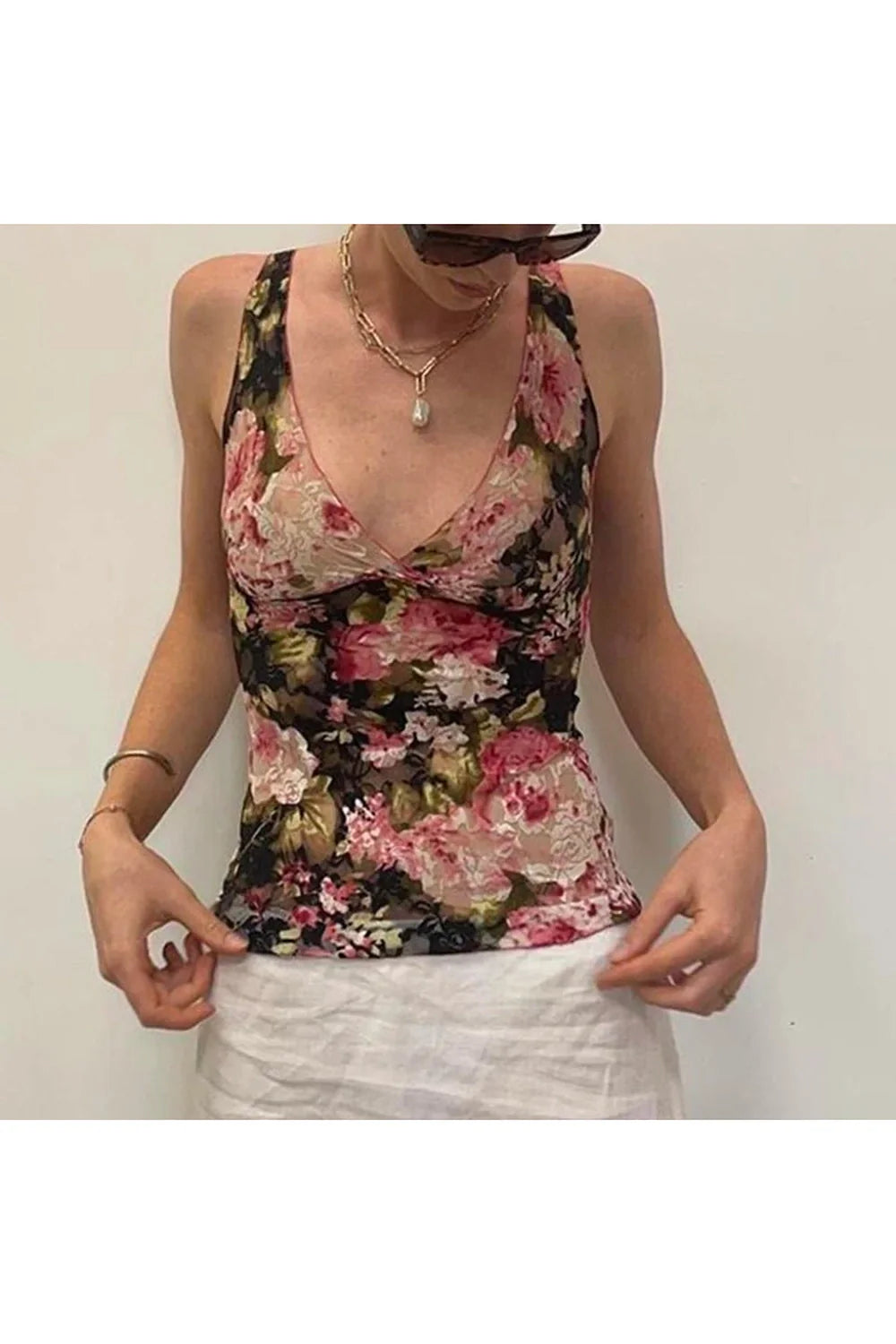 Floral Mesh Wrap Tank Top