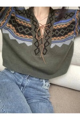 Forest Fair Isle Lace-Up Sweater