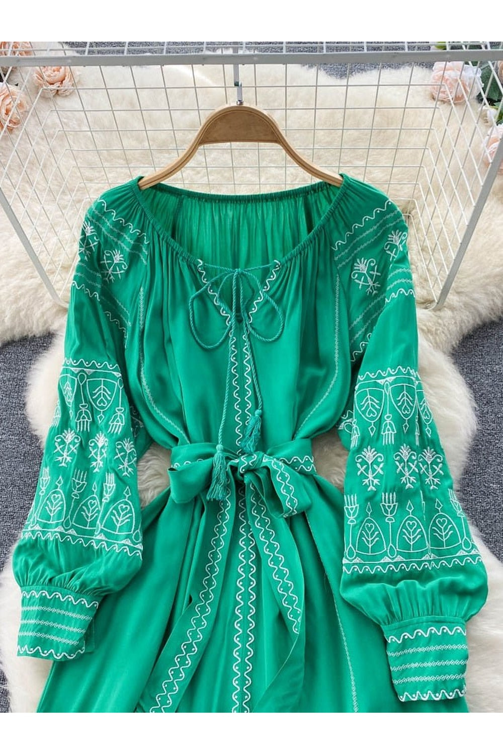 French Style Long Sleeve Embroidered Dress