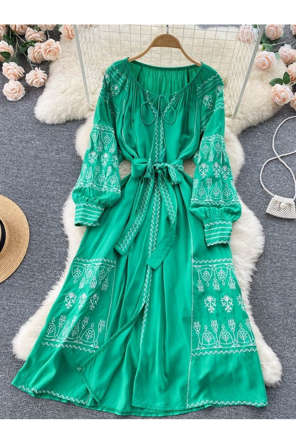 French Style Long Sleeve Embroidered Dress