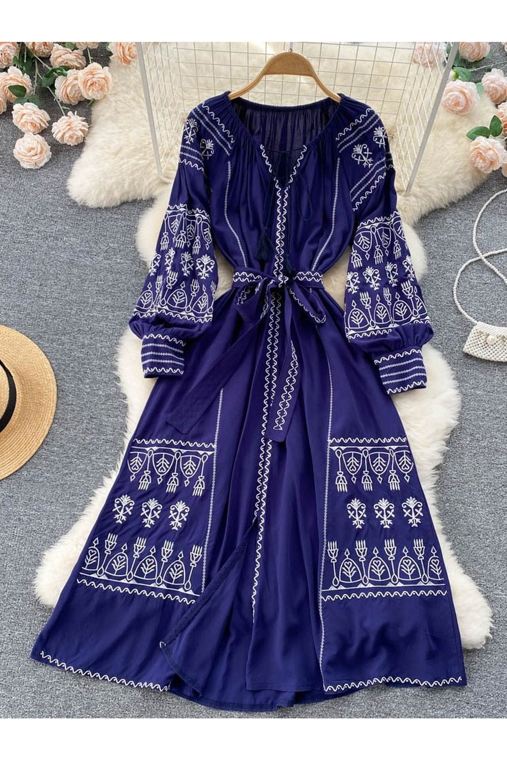 French Style Long Sleeve Embroidered Dress