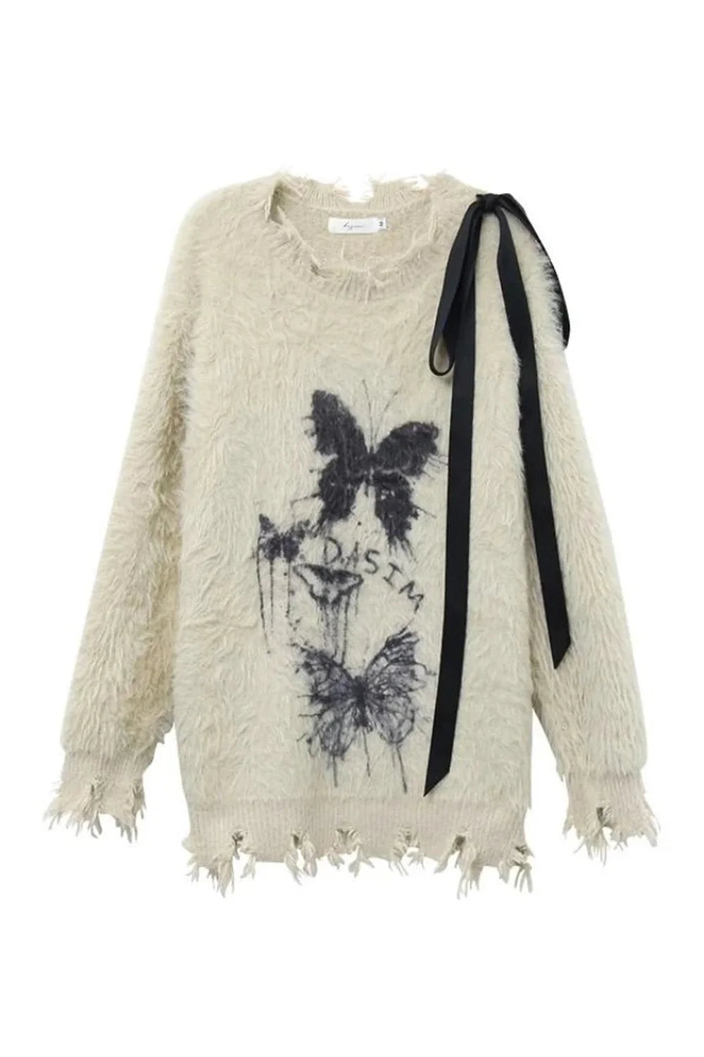 Fuzzy Butterfly Distressed Sweater