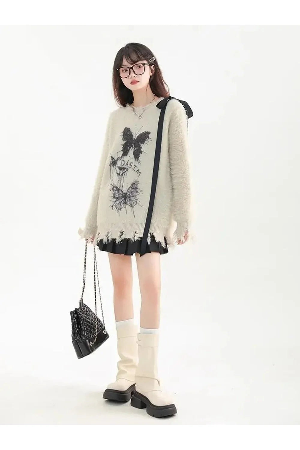 Fuzzy Butterfly Distressed Sweater