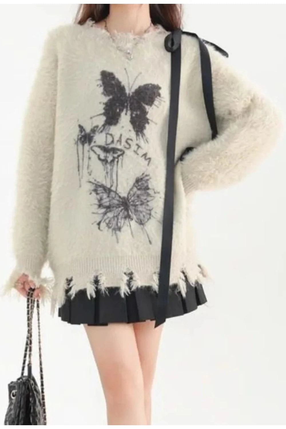 Fuzzy Butterfly Distressed Sweater