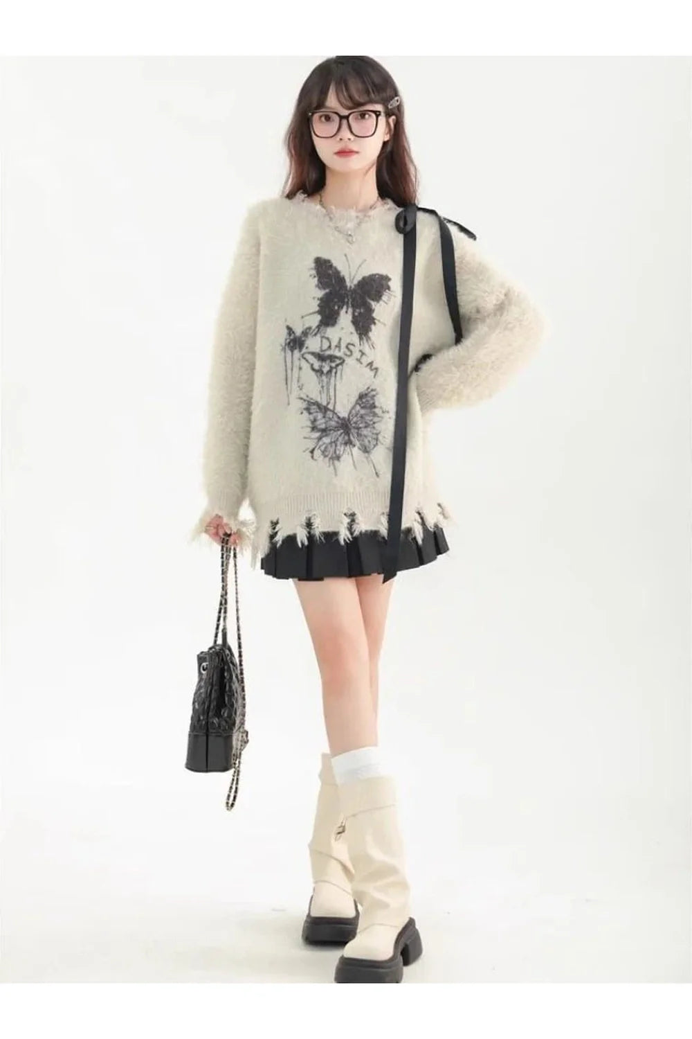 Fuzzy Butterfly Distressed Sweater