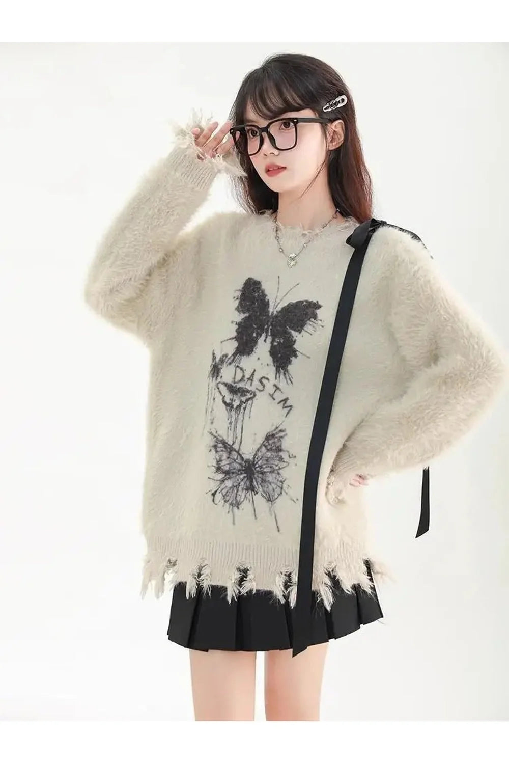 Fuzzy Butterfly Distressed Sweater