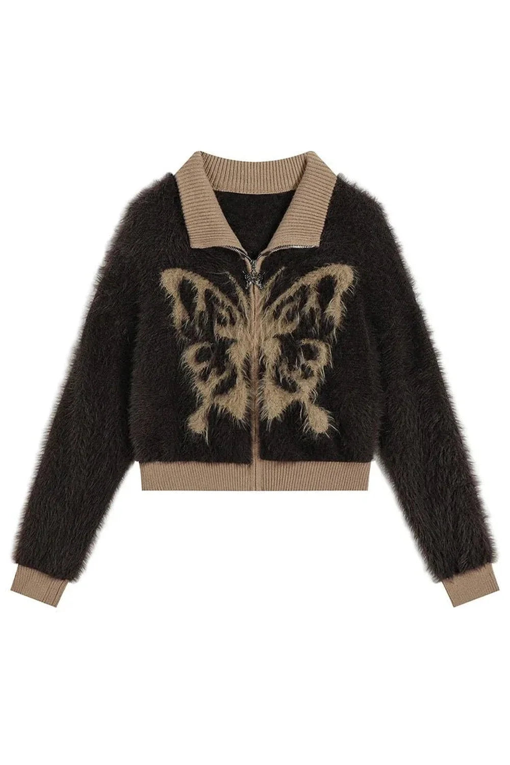 Fall Fuzzy Butterfly Zip-Up Cardigan