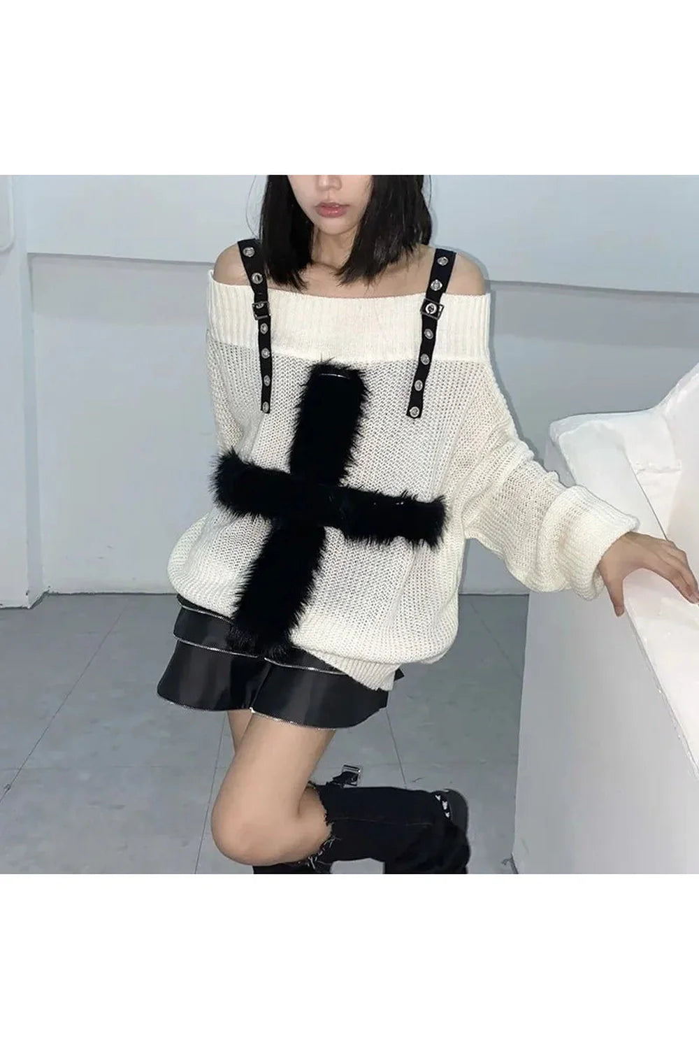 Fuzzy Strap Off-Shoulder Sweater