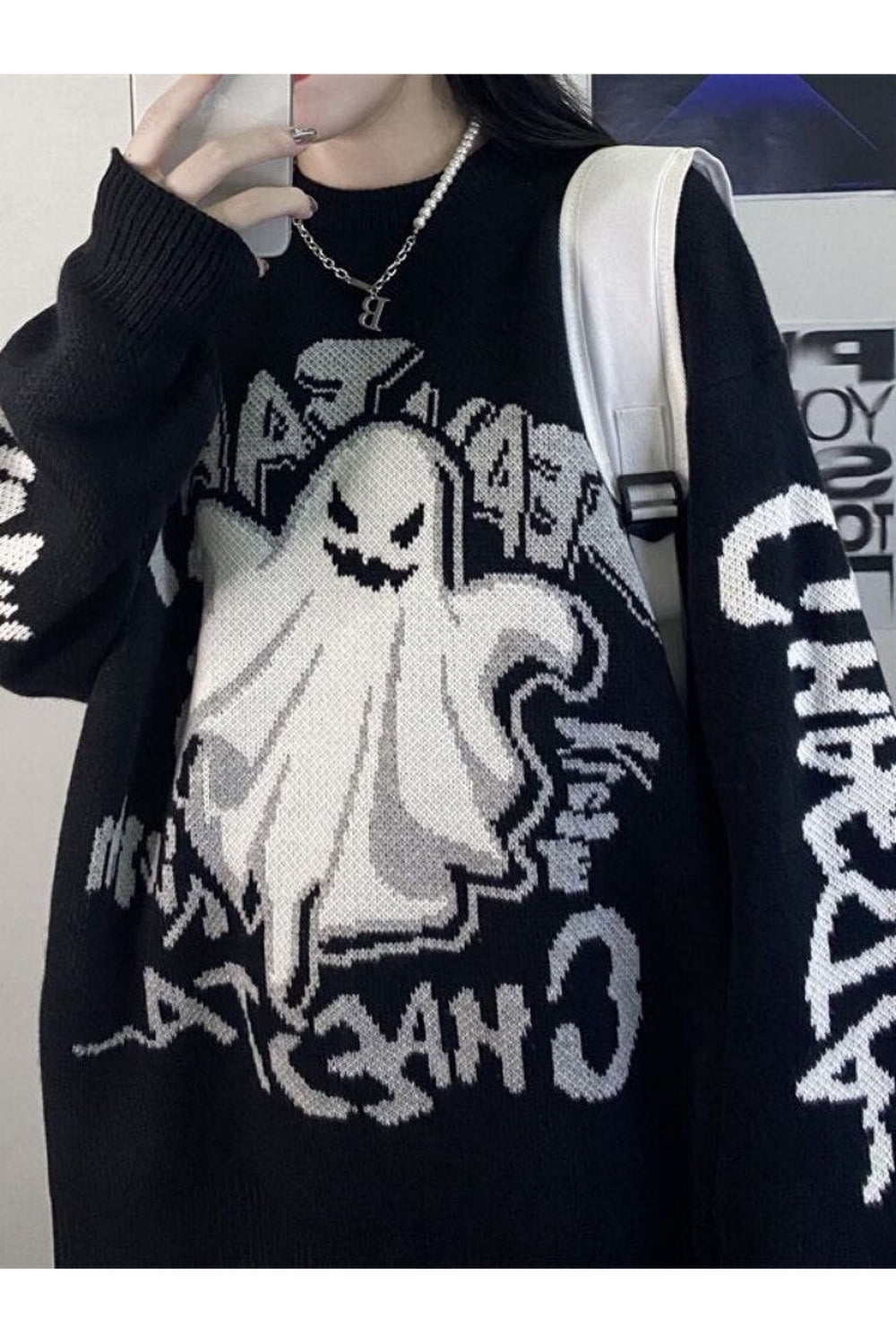 Fall Ghost Print Knitted Sweater