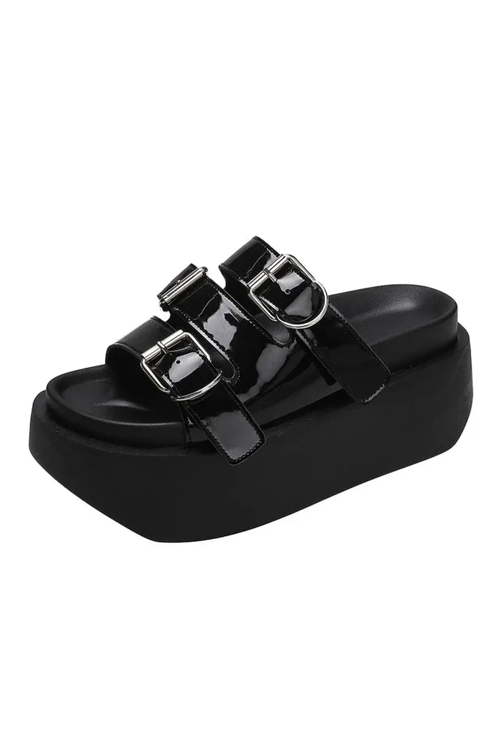 Glossy Buckle Platform Sandals