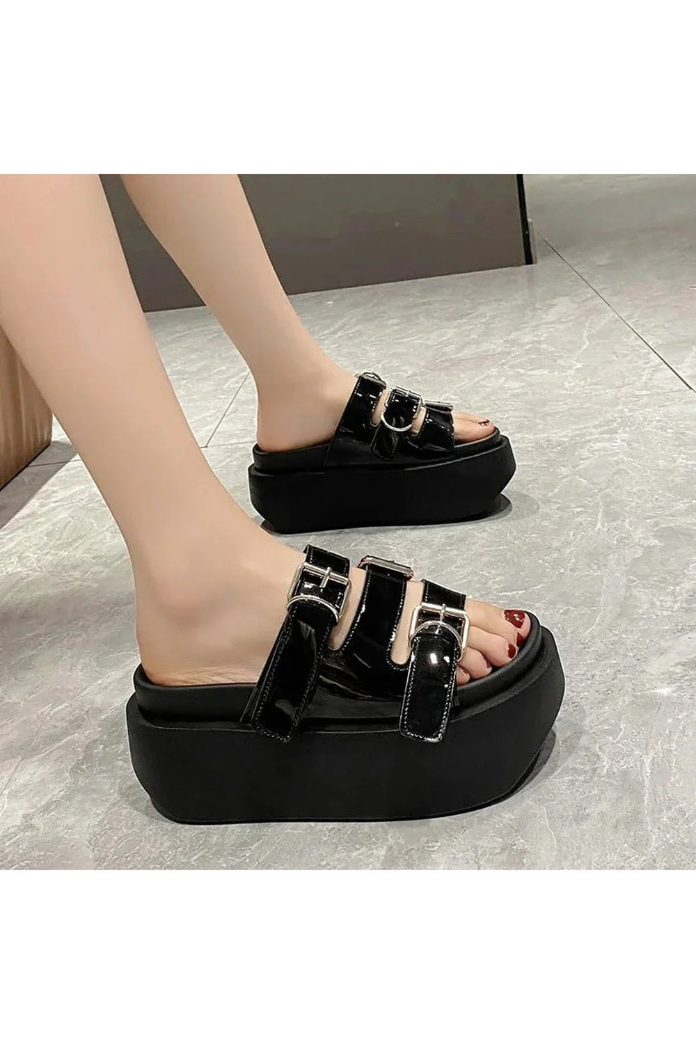 Glossy Buckle Platform Sandals