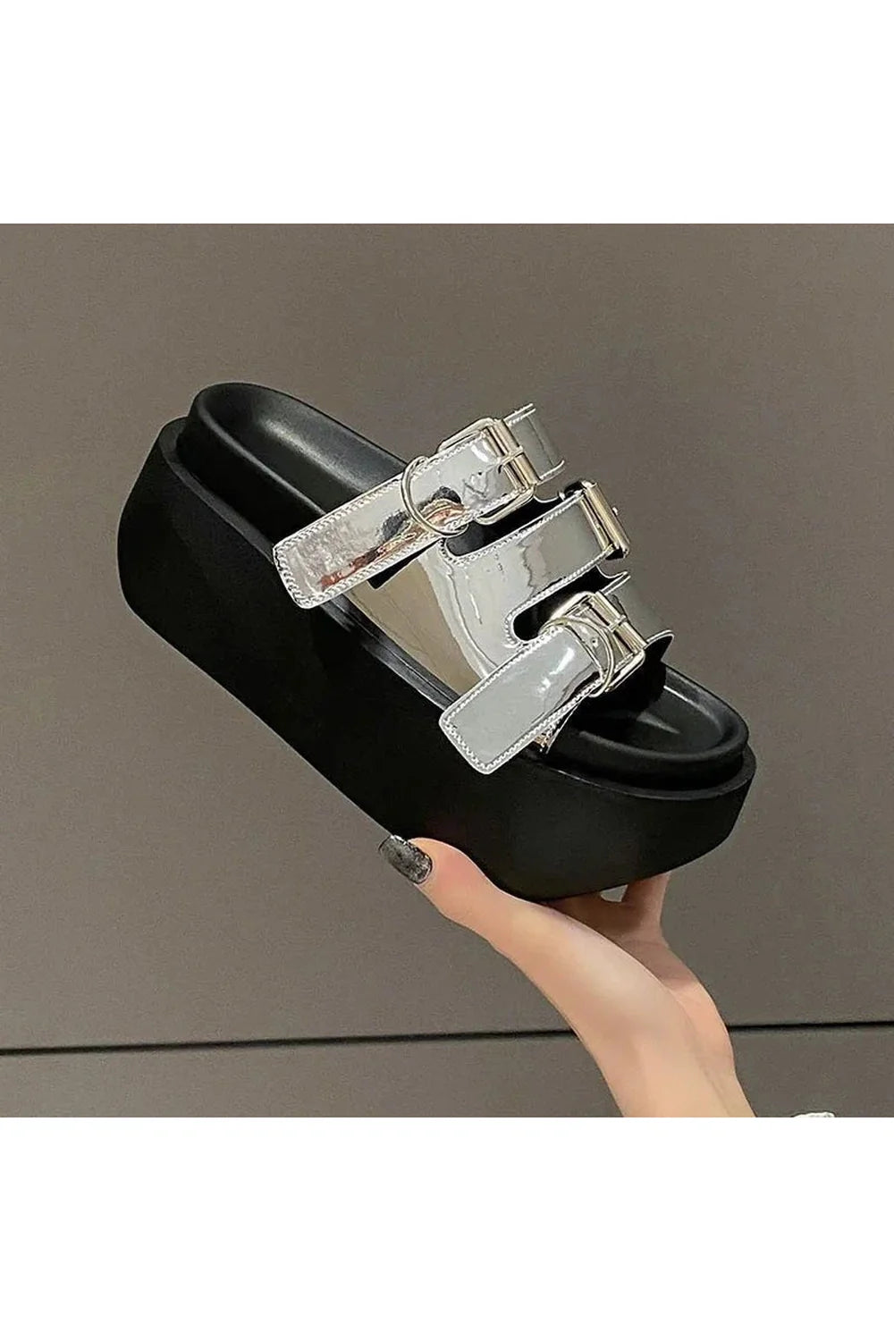 Glossy Buckle Platform Sandals