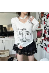 Goblincore Off-Shoulder Grunge Print Sweater